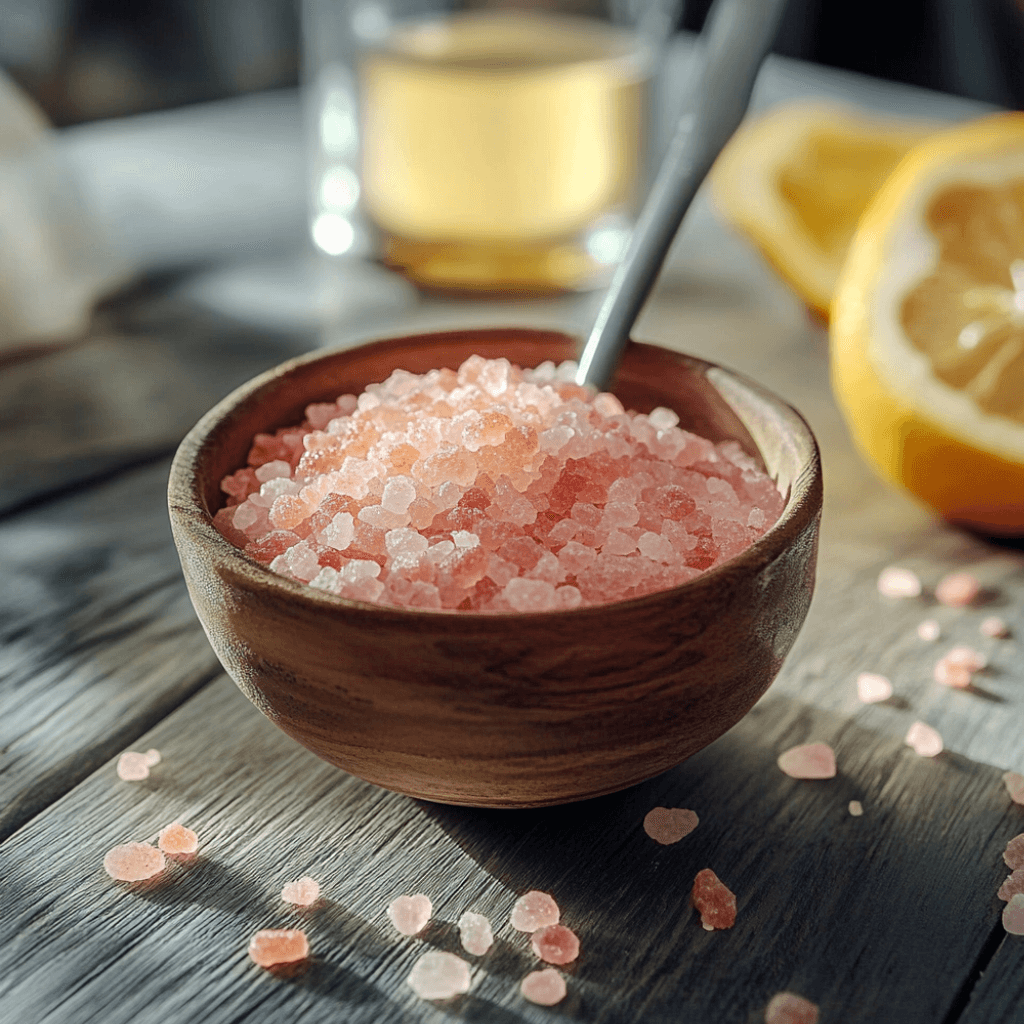 glass of pink salt recipe for weight loss with lemon and Himalayan salt