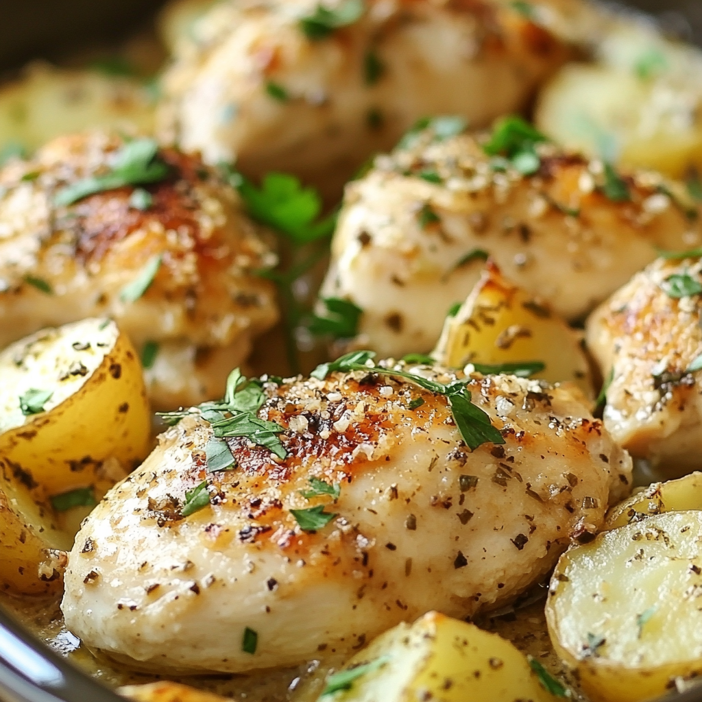 Crockpot Garlic Parmesan Chicken and Potatoes recipe you'll love!