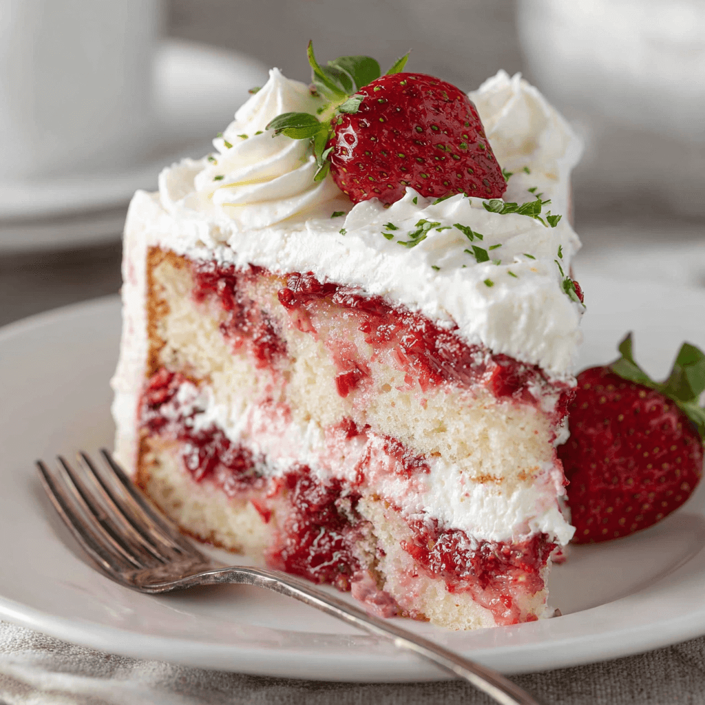 Delicious Strawberry Cake with Cream Cheese Whipped Cream Frosting!