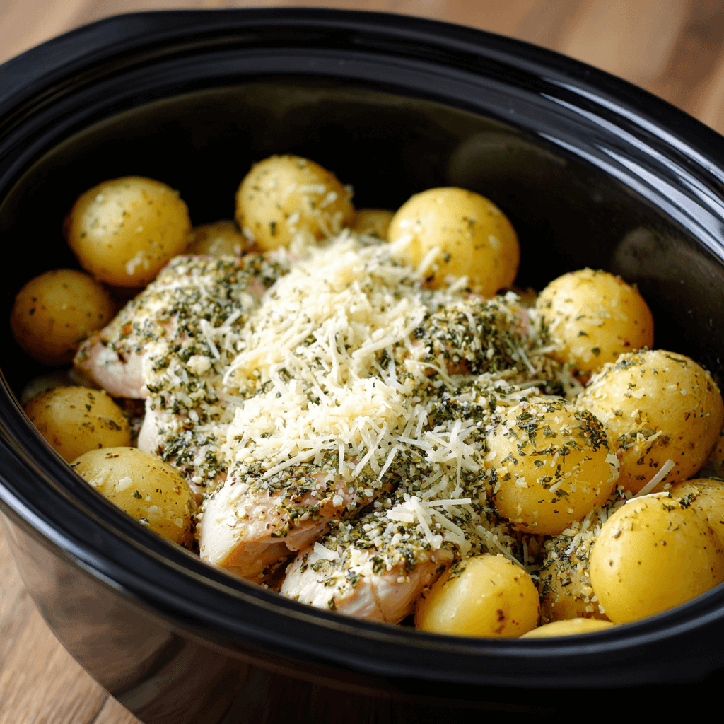 Garlic Parmesan Crockpot Chicken and Potatoes Delight!