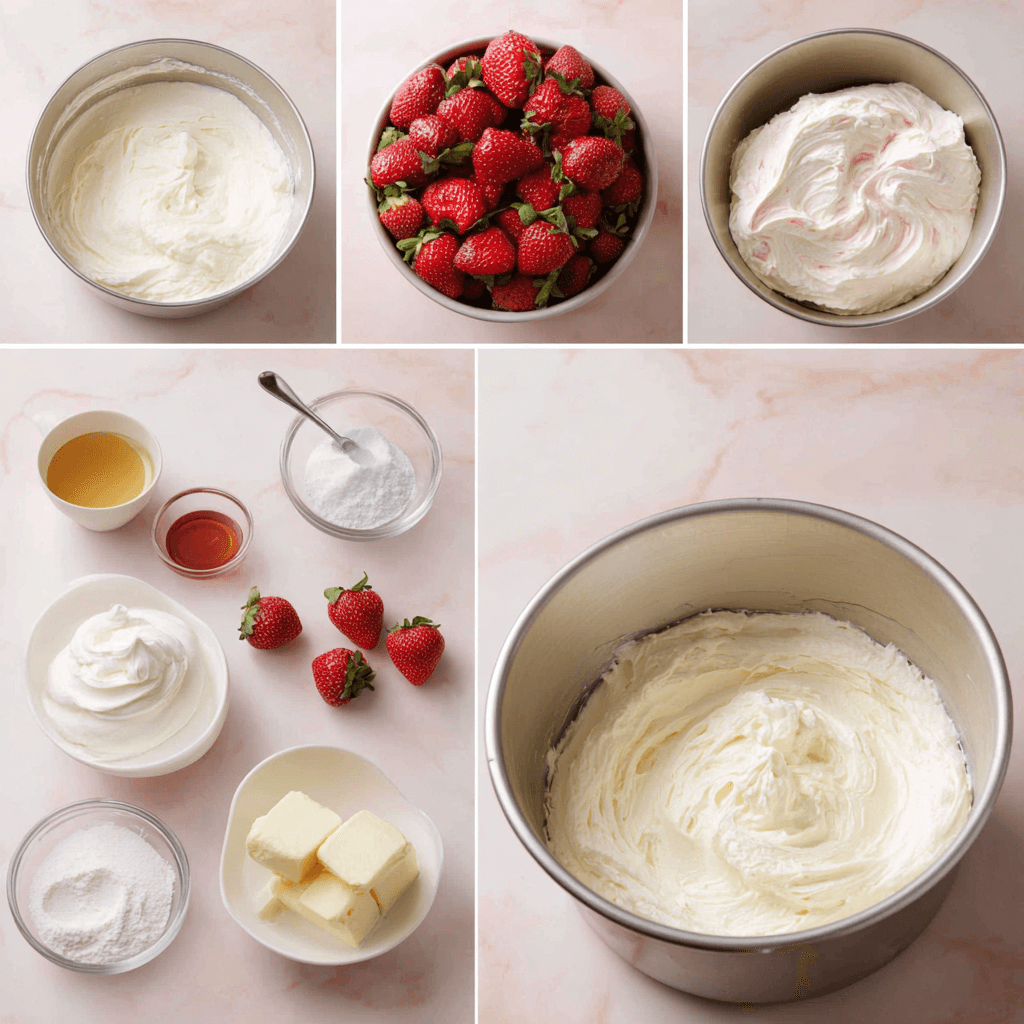 Delicious Strawberry Cake with Cream Cheese Whipped Cream Frosting!