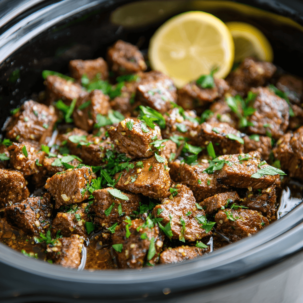 High Protein Slow Cooker Garlic Butter Beef Bites, Perfectly Tender!