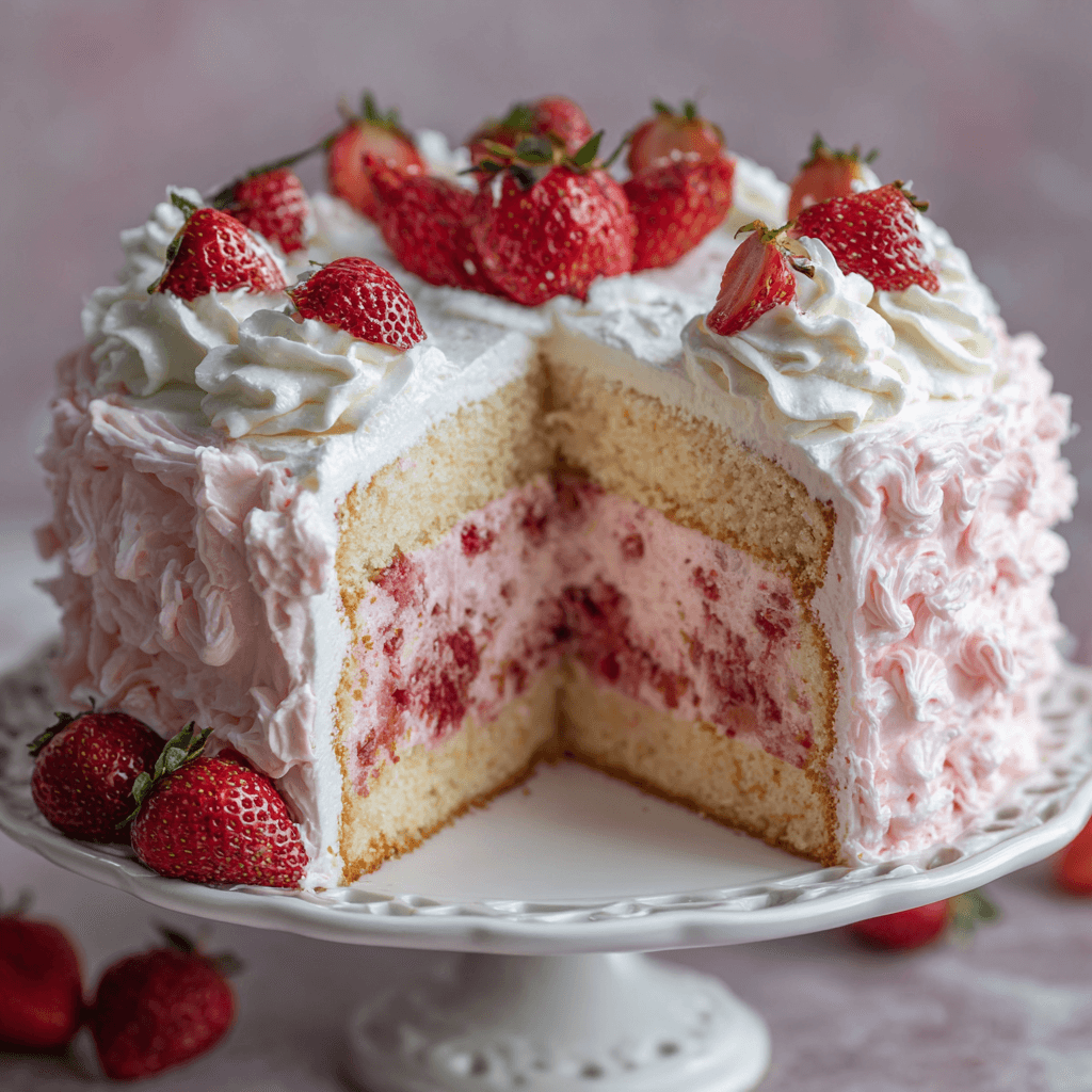 Delicious Strawberry Cake with Cream Cheese Whipped Cream Frosting!