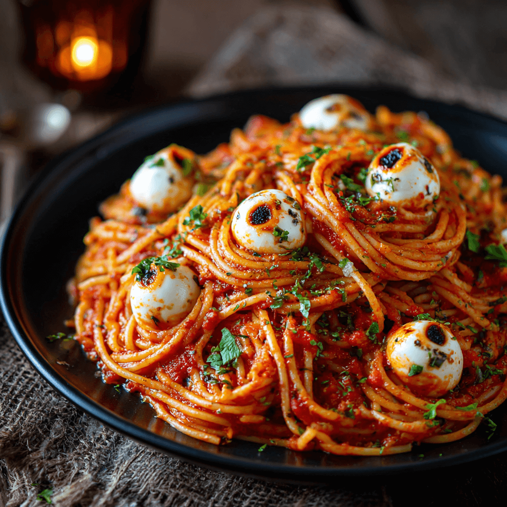 Bloody Spaghetti with Mozzarella Eyeballs: A Spooky Delight!