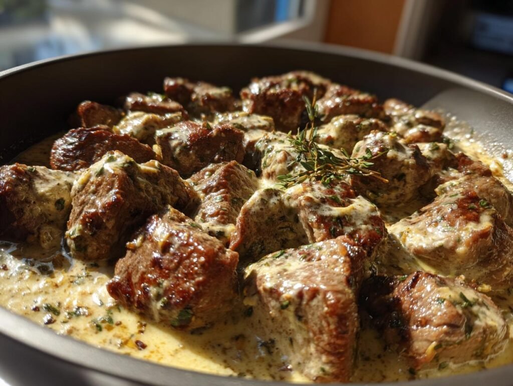 Garlic Butter Steak Tips with Parmesan Herb Cream