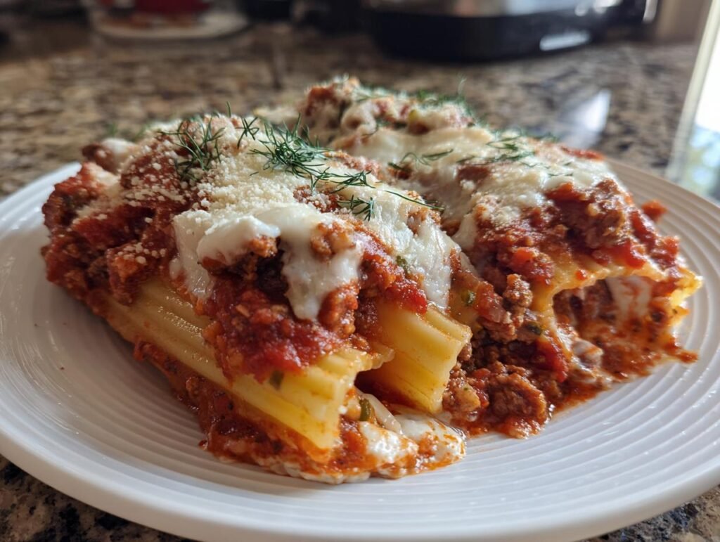 Beef and Cheese Manicotti with Pickle Notes