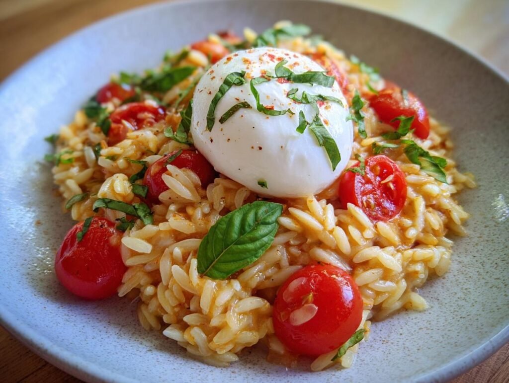One Pot Creamy Orzo with Cherry Tomatoes
