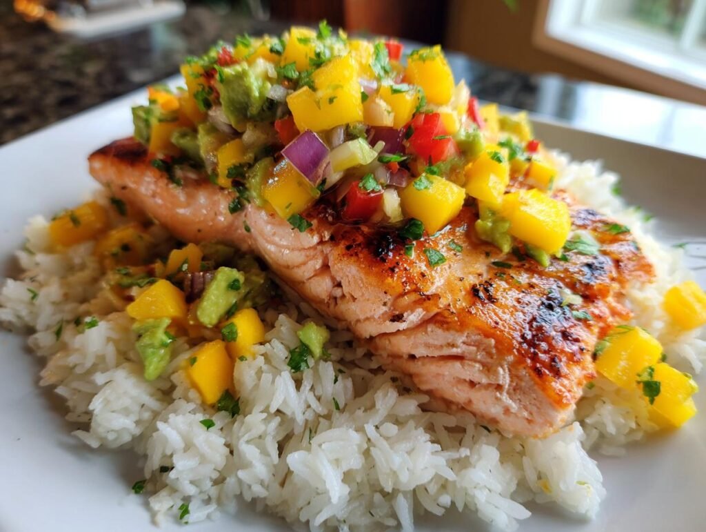 BBQ Salmon Bowls with Mango Avocado Salsa