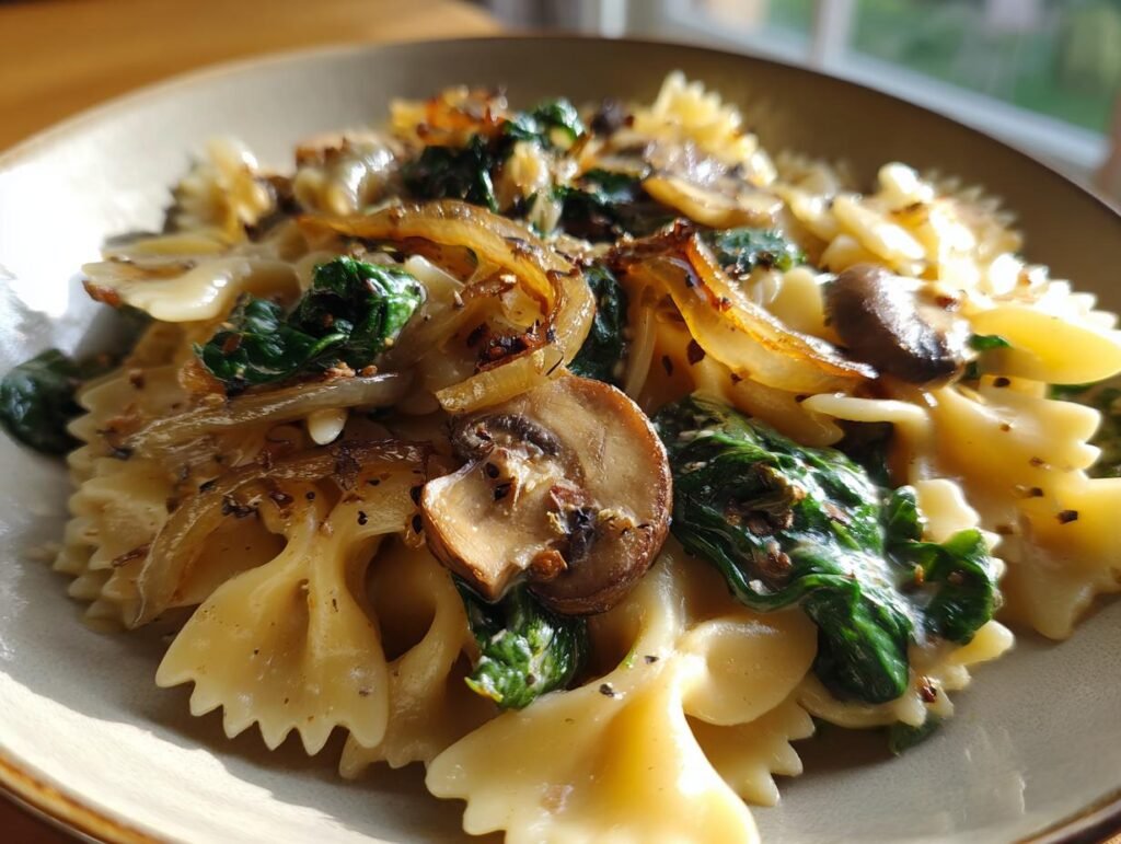 Farfalle Pasta with Spinach, Mushrooms, and Caramelized Onions