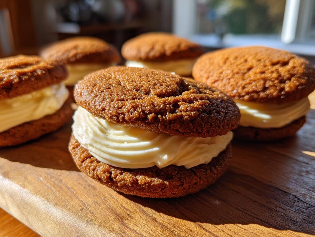 Ginger Molasses Sandwich Cookies with Eggnog Frostings