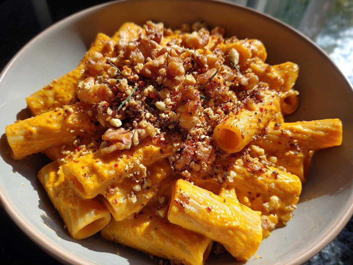 Pumpkin Rigatoni with Rosemary Walnut Crispies