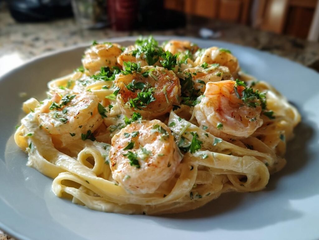 creamy shrimp fettuccine pasta with homemade alfredo sauce