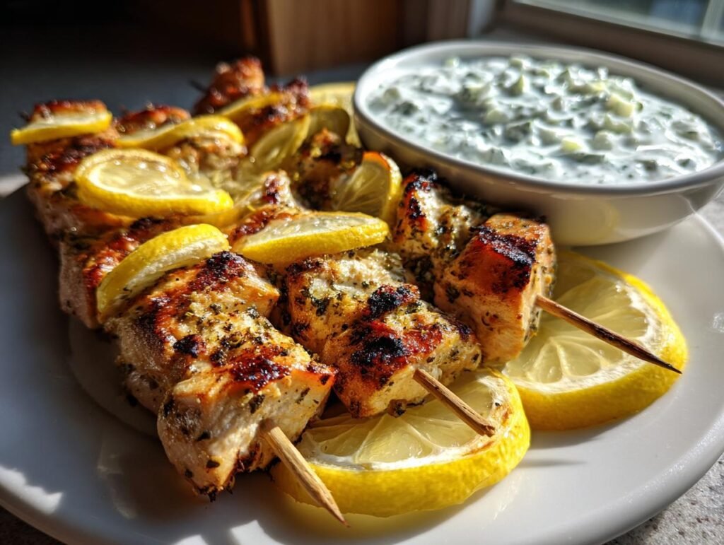 Greek Lemon Chicken Skewers with Tzatziki Sauce