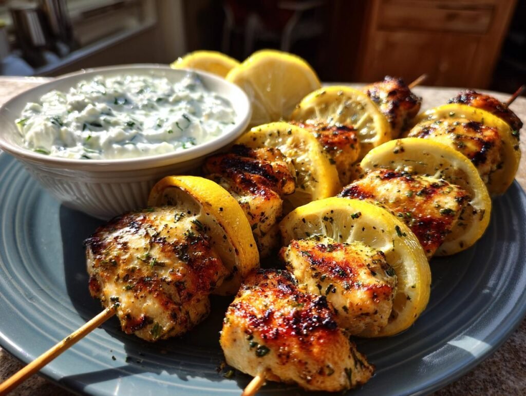 Greek Lemon Chicken Skewers with Tzatziki Sauce