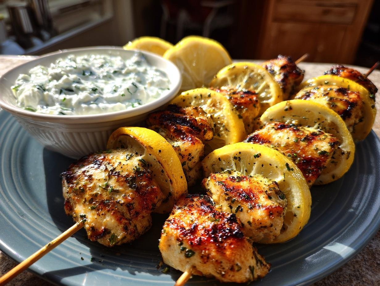 Greek Lemon Chicken Skewers with Tzatziki Sauce