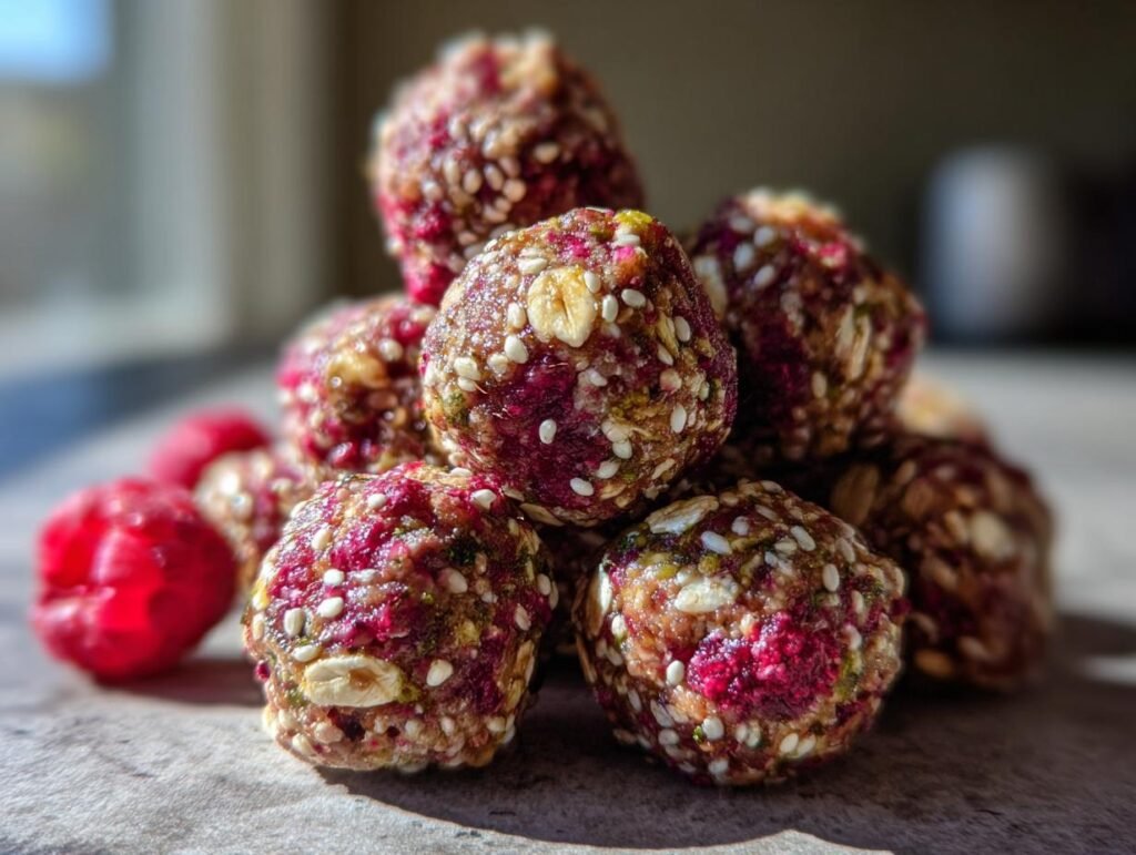 No-Bake Raspberry Oatmeal Energy Bites Snack Idea
